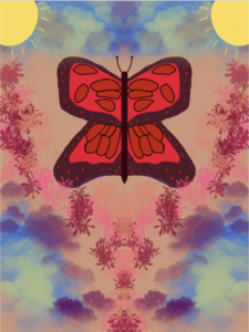 Symmetrical digital painting of a red butterfly, with airbrush background that look like leaves and sky